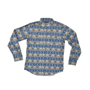 Tin Haul Men M Blue Brown Aztec Southwestern Pearl Snap Long Sleeve Cotton Weste